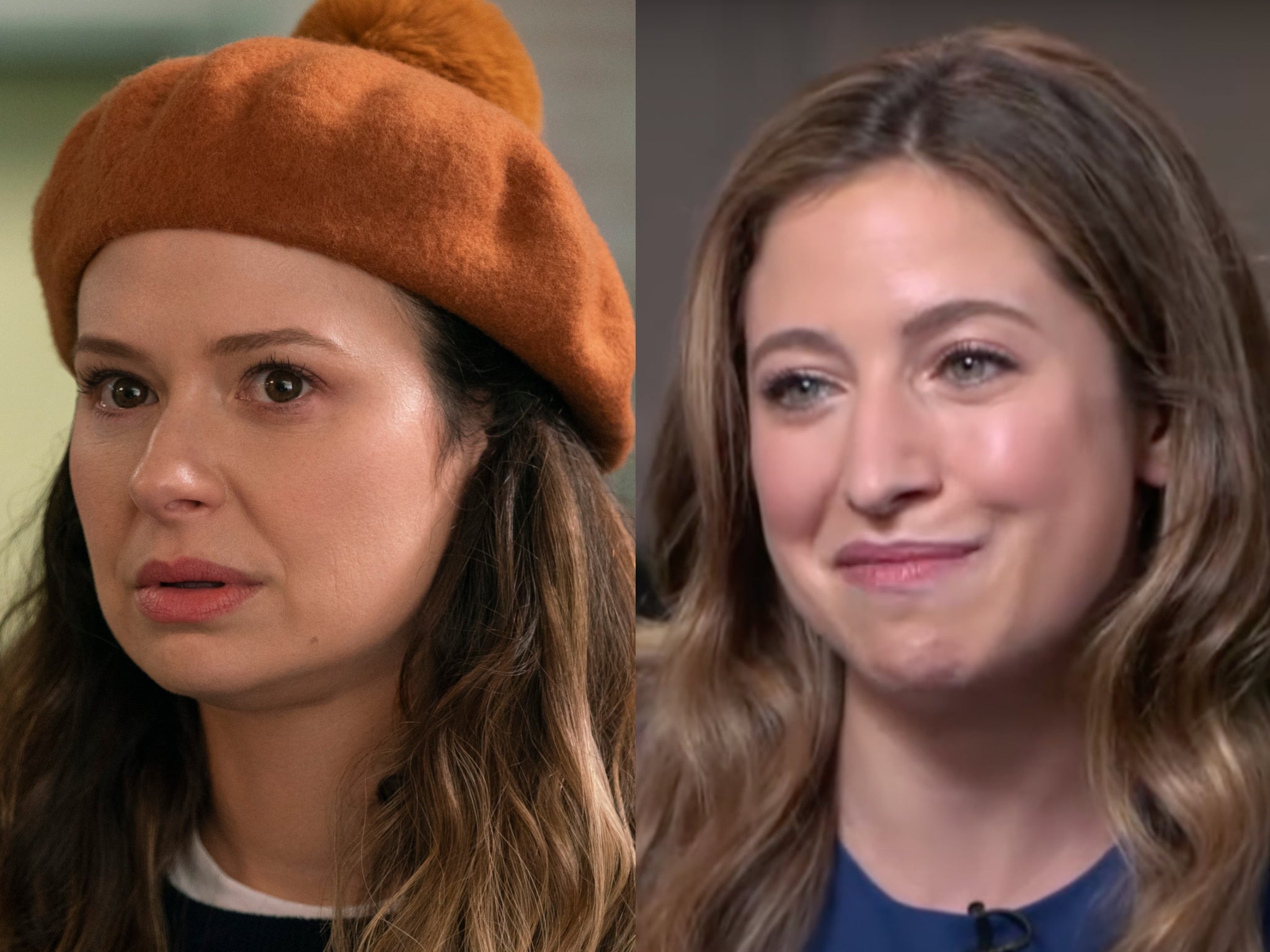 Katie Lowes plays Rachel (left) in ‘Inventing Anna’; Rachel DeLoache Williams gives an interview (right)