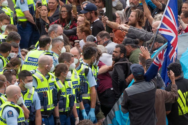 <p>Police arrest people protesting against coronavirus mandates at Parliament in Wellington, New Zealand, on 10 Feb 2022 </p>