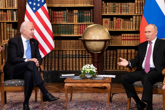 <p>File: US President Joe Biden  and Russian President Vladimir Putin meet during the US-Russia summit at Villa La Grange on 16 June 2021 in Geneva</p>
