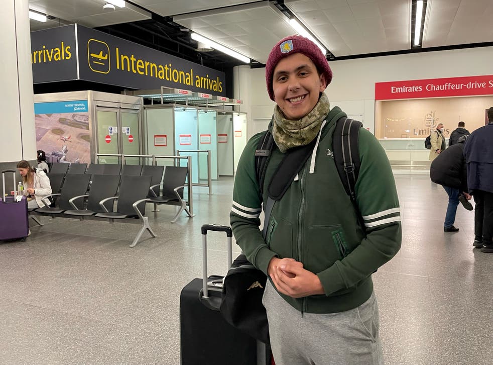 <p>Haider Ali, 21, from Birmingham, arrives at Gatwick from Ukraine, where he studies at a medical university (Sophie Wingate/PA)</p>
