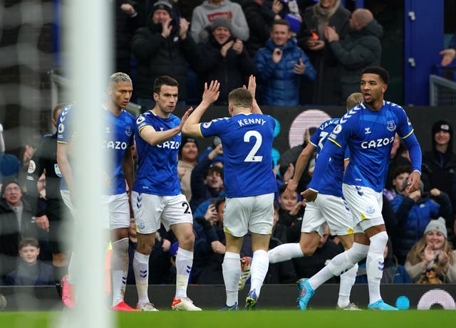 Seamus Coleman, second left, celebrates his opener for Everton (Peter Byrne/PA)