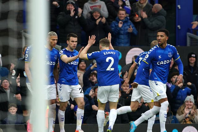 Seamus Coleman, second left, celebrates his opener for Everton (Peter Byrne/PA)