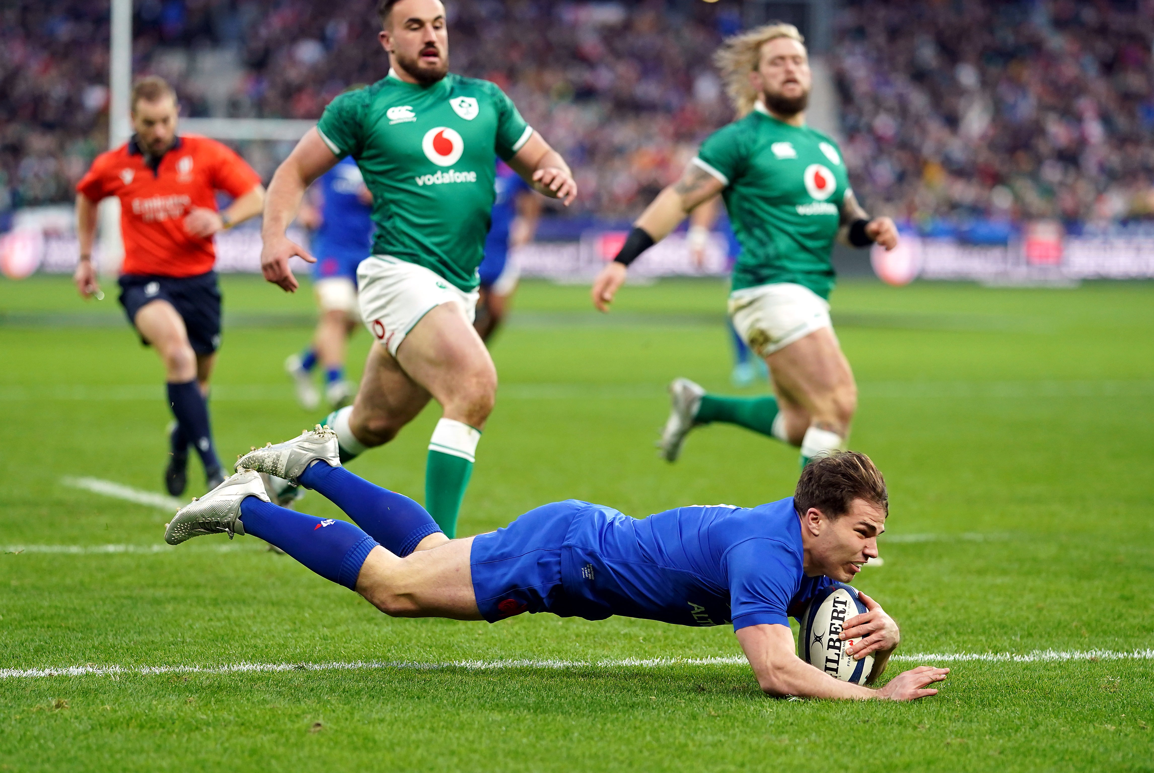 France’s Antoine Dupont dives in to score the opening try (Adam Davy/PA)
