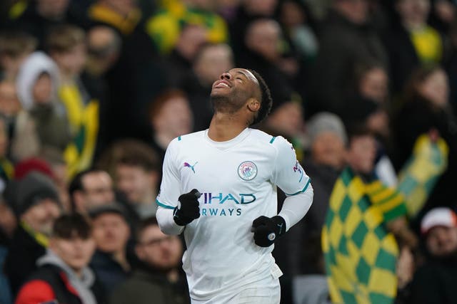 <p>Raheem Sterling drew praise from Pep Guardiola after his hat-trick at Norwich</p>