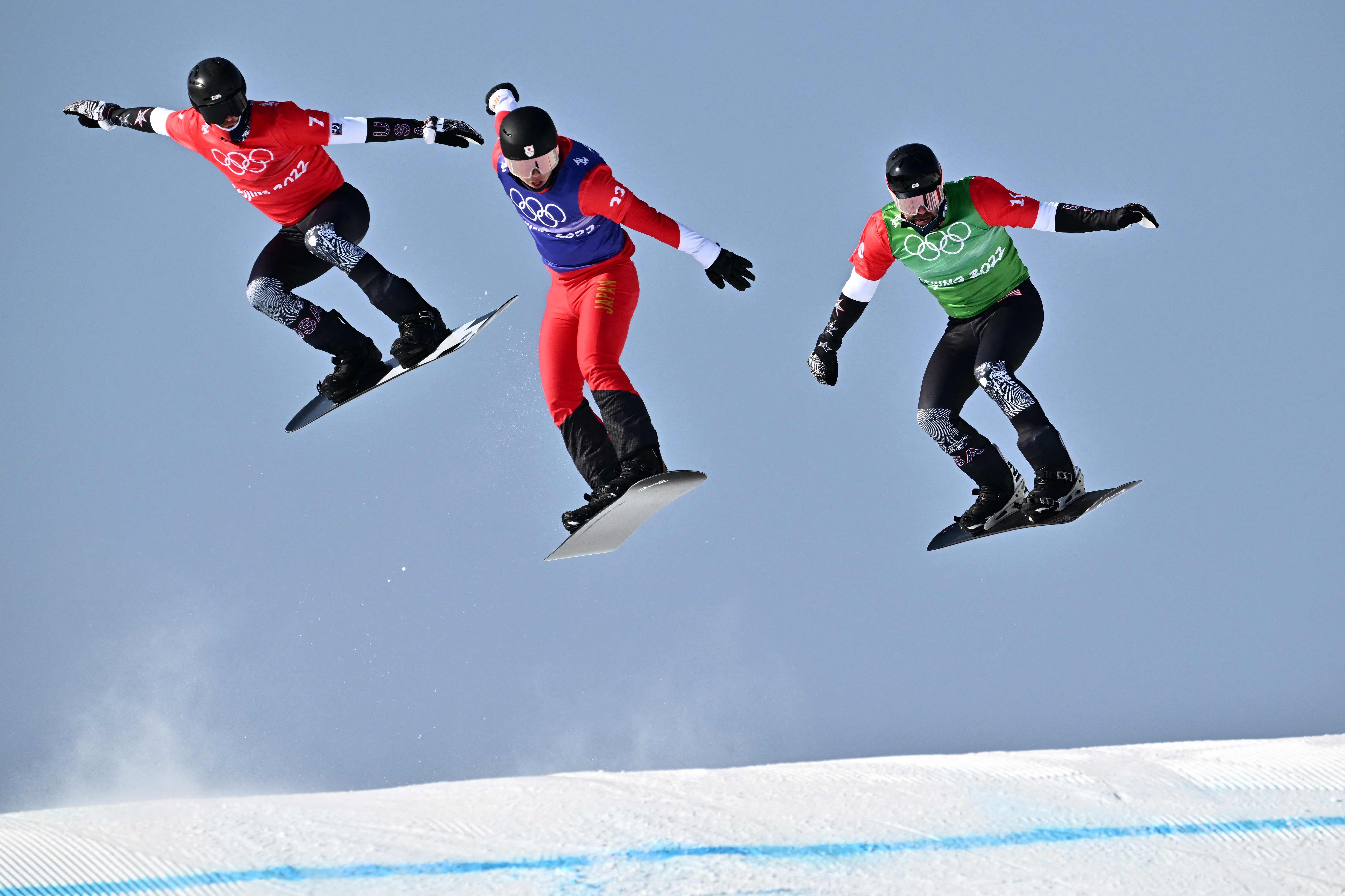 Hagen Kearney (L) competing for Team USA at the 2022 Beijing Winter Olympics