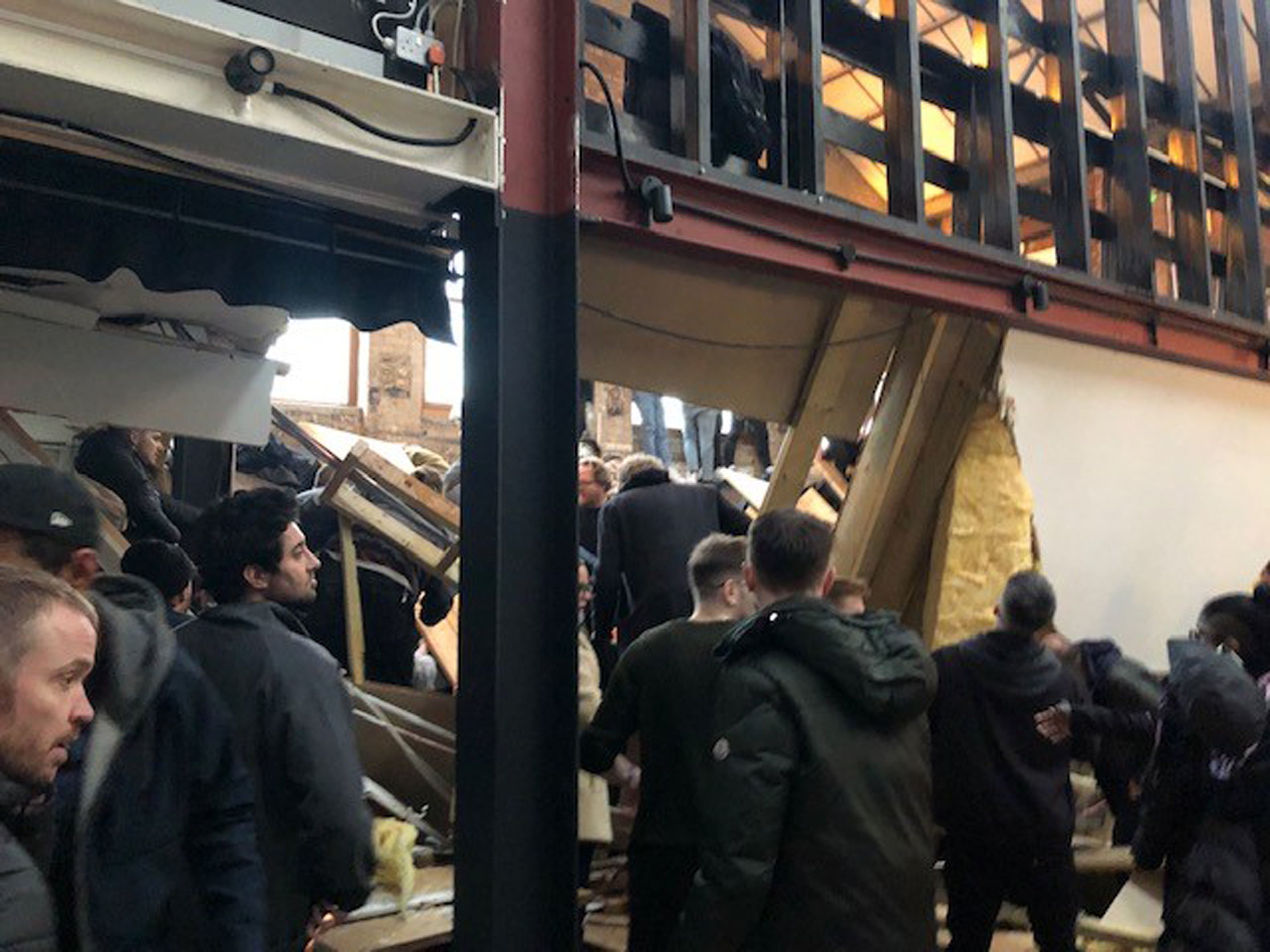 <p>The scene at the Two More Years bar at Fish Island in east London’s Hackney Wick after a mezzanine floor collapsed</p>
