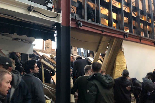<p>The scene at the Two More Years bar at Fish Island in east London’s Hackney Wick after a mezzanine floor collapsed</p>