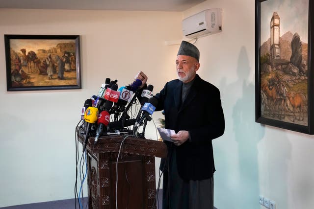 <p>Former Afghanistan president Hamid Karzai speaks during a press conference in Kabul</p>
