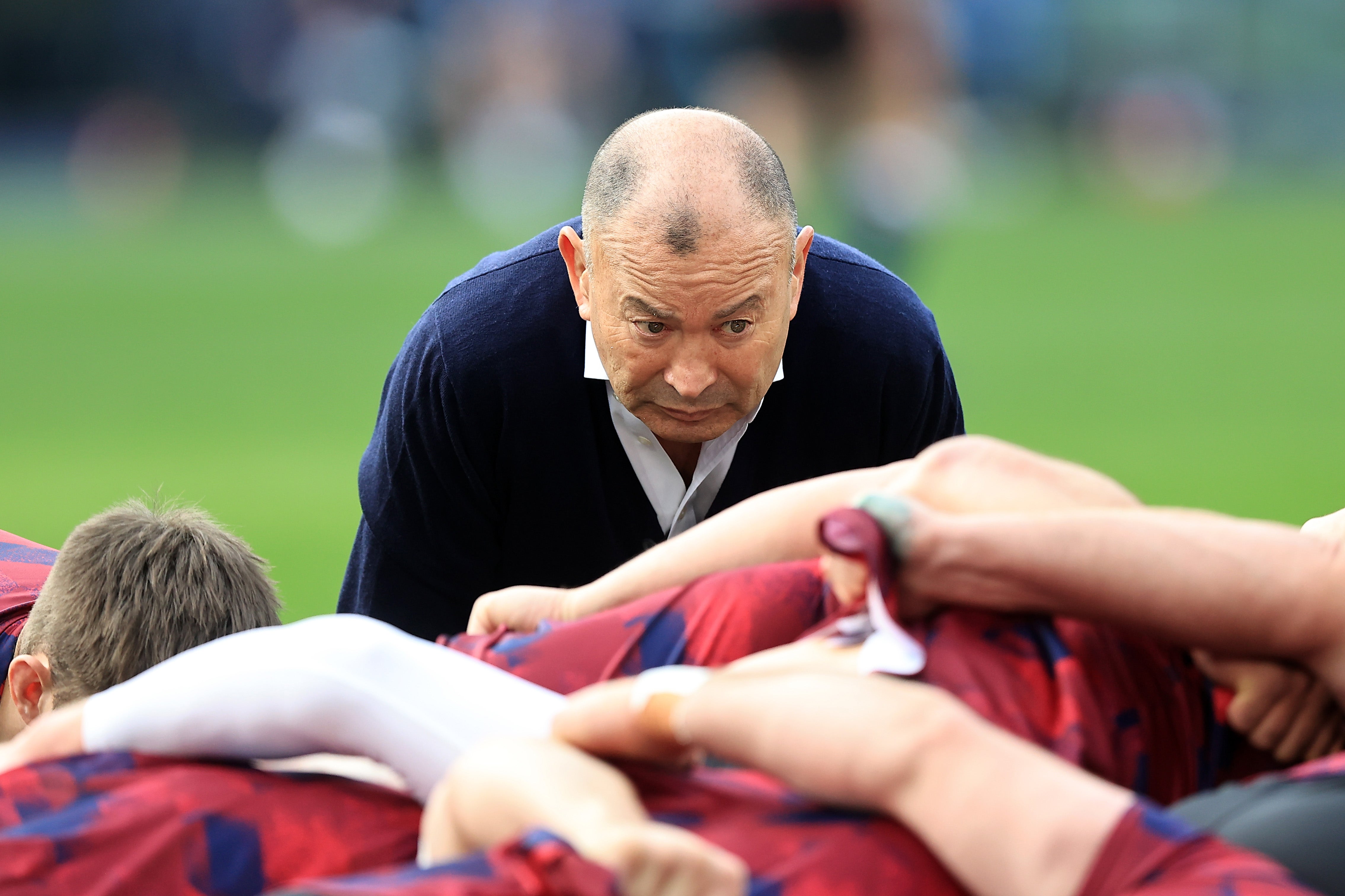 Eddie Jones watches on as England practice their set-piece ahead of kick-off against Italy