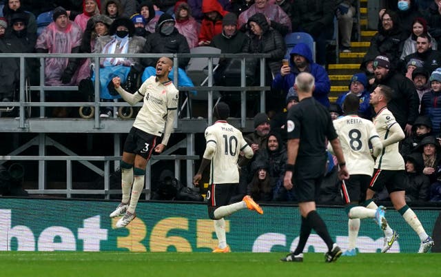 Fabinho celebrates scoring Liverpool’s winner (Martin Rickett/PA)