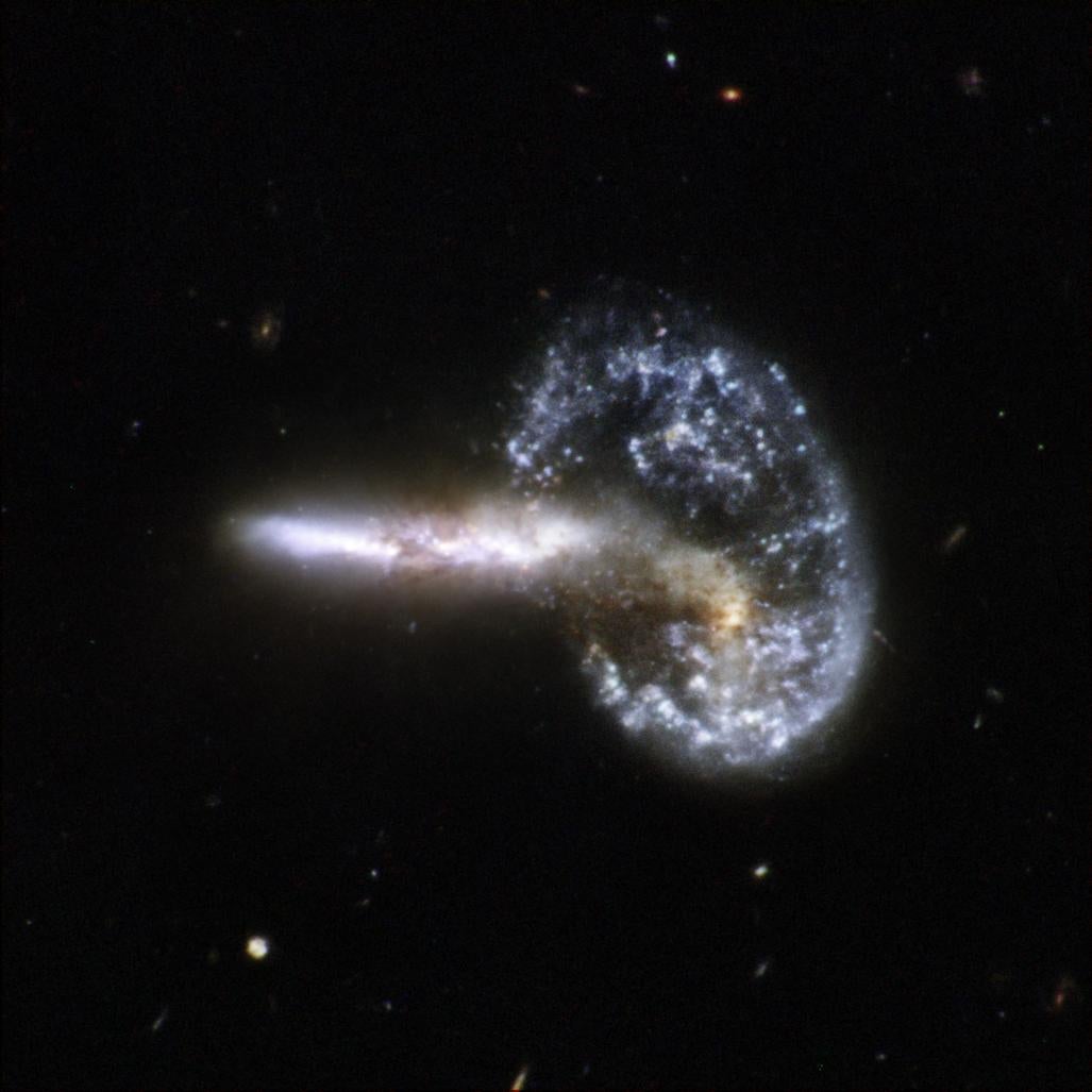 The Hubble Space Telescope captures two galaxies in the process of merging.