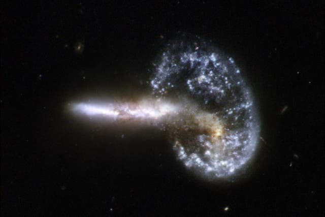 <p>The Hubble Space Telescope captures two galaxies in the process of merging. </p>