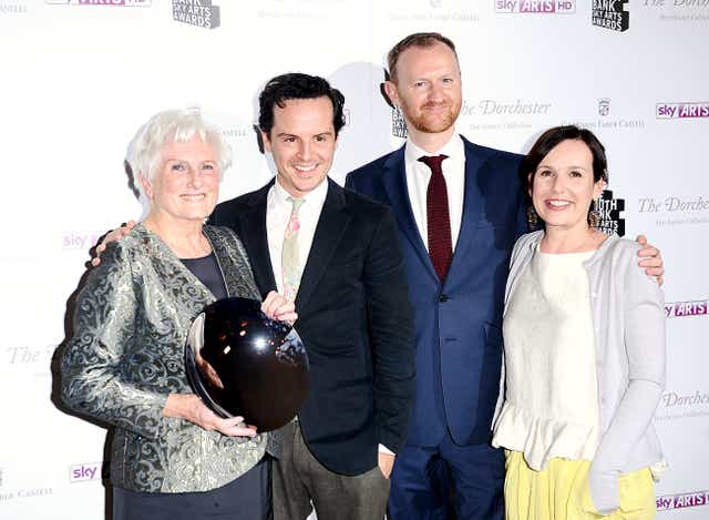 Beryl Vertue with Andrew Scott, Mark Gatiss and Elaine Cameron of Sherlock (PA)
