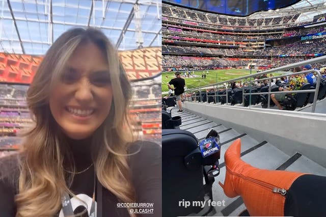 <p>Olivia Holzmacher celebrates Joe Burrow at the Super Bowl</p>