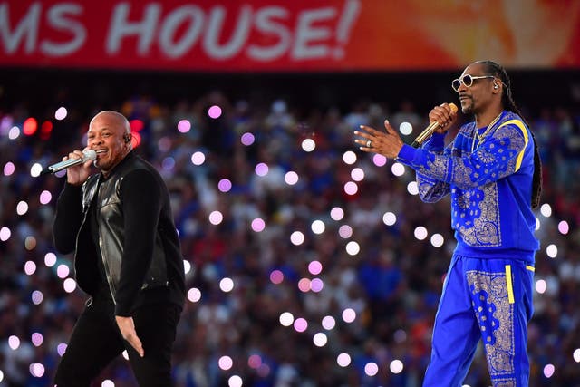 <p>Dr Dre and Snoop Dogg performing at the Super Bowl halftime show</p>