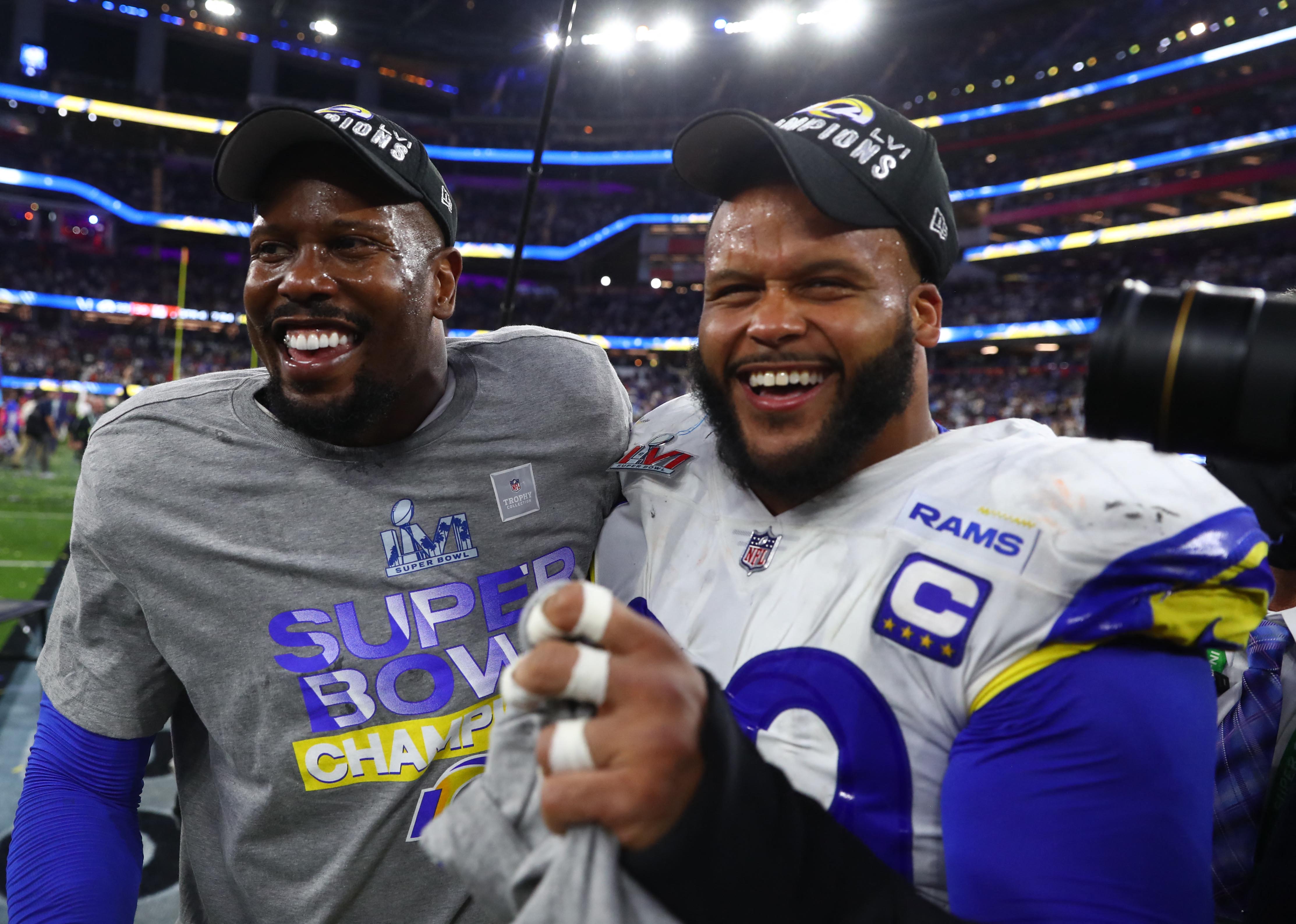 Los Angeles Rams outside linebacker Von Miller (left) and defensive end Aaron Donald celebrate