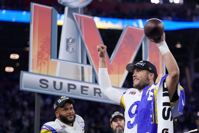 Los Angeles Rams quarterback Matthew Stafford celebrated victory (Marcio Jose Sanchez/AP)