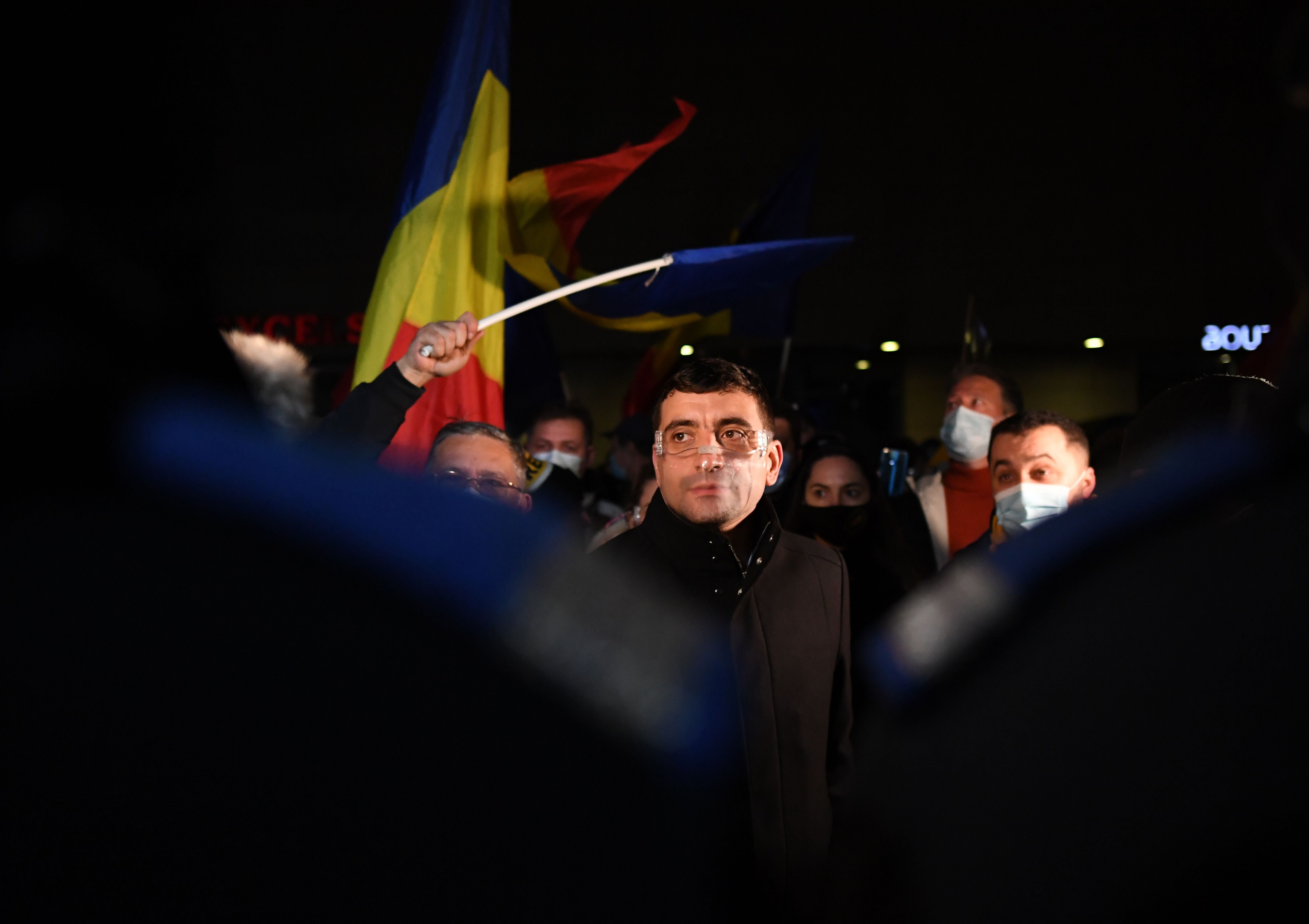 George Simion looks on during a protest against the health ministry in downtown Bucharest