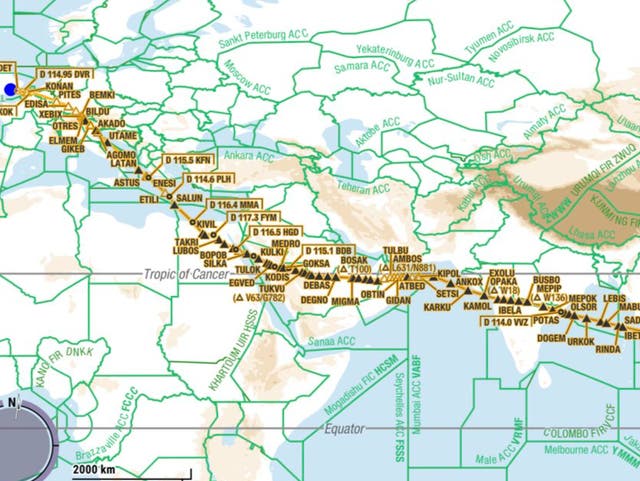 <p>Going south: flight plan of a British Airways cargo flight from London to Bangkok, passing well south of Ukraine</p>