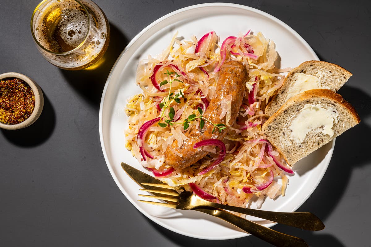 Traybake sausage and sauerkraut: A hearty and filling wintertime dish