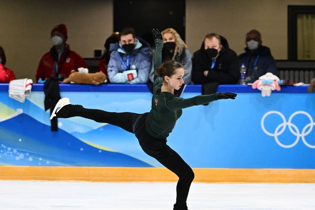 <p>Kamila Valieva trains on Monday after being cleared to compete</p>