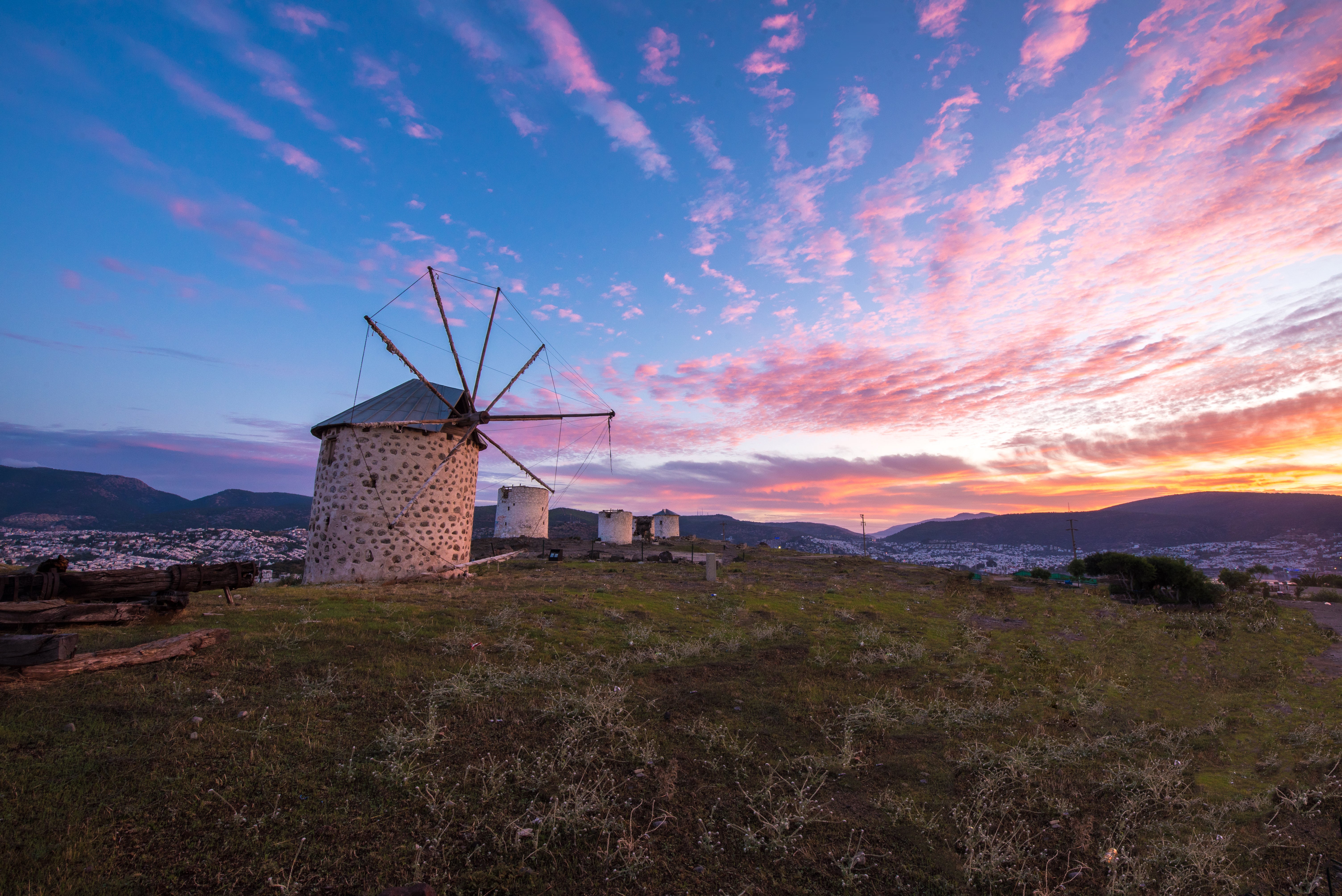 Row of disused windmills overlooking Bodrum in Turkey