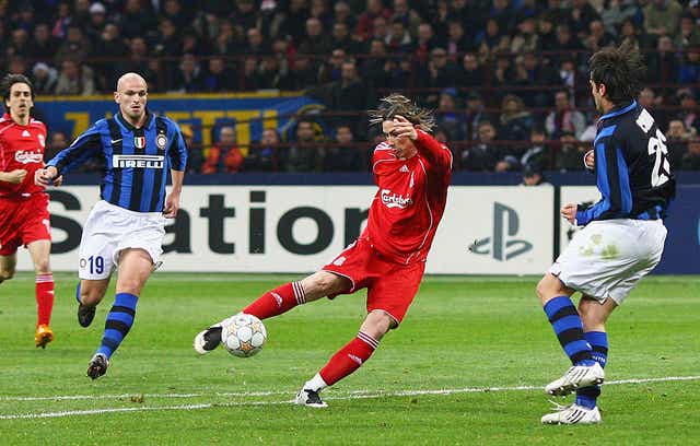 <p>Liverpool’s Fernando Torres strikes against Inter in the club’s 2008 Champions League tie </p>