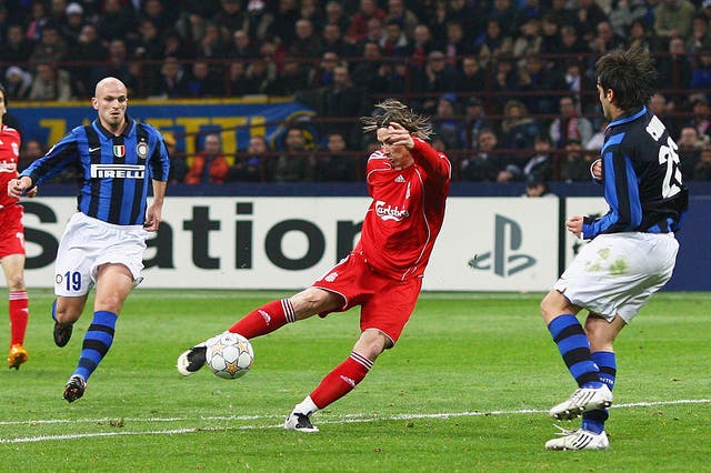 <p>Liverpool’s Fernando Torres strikes against Inter in the club’s 2008 Champions League tie </p>