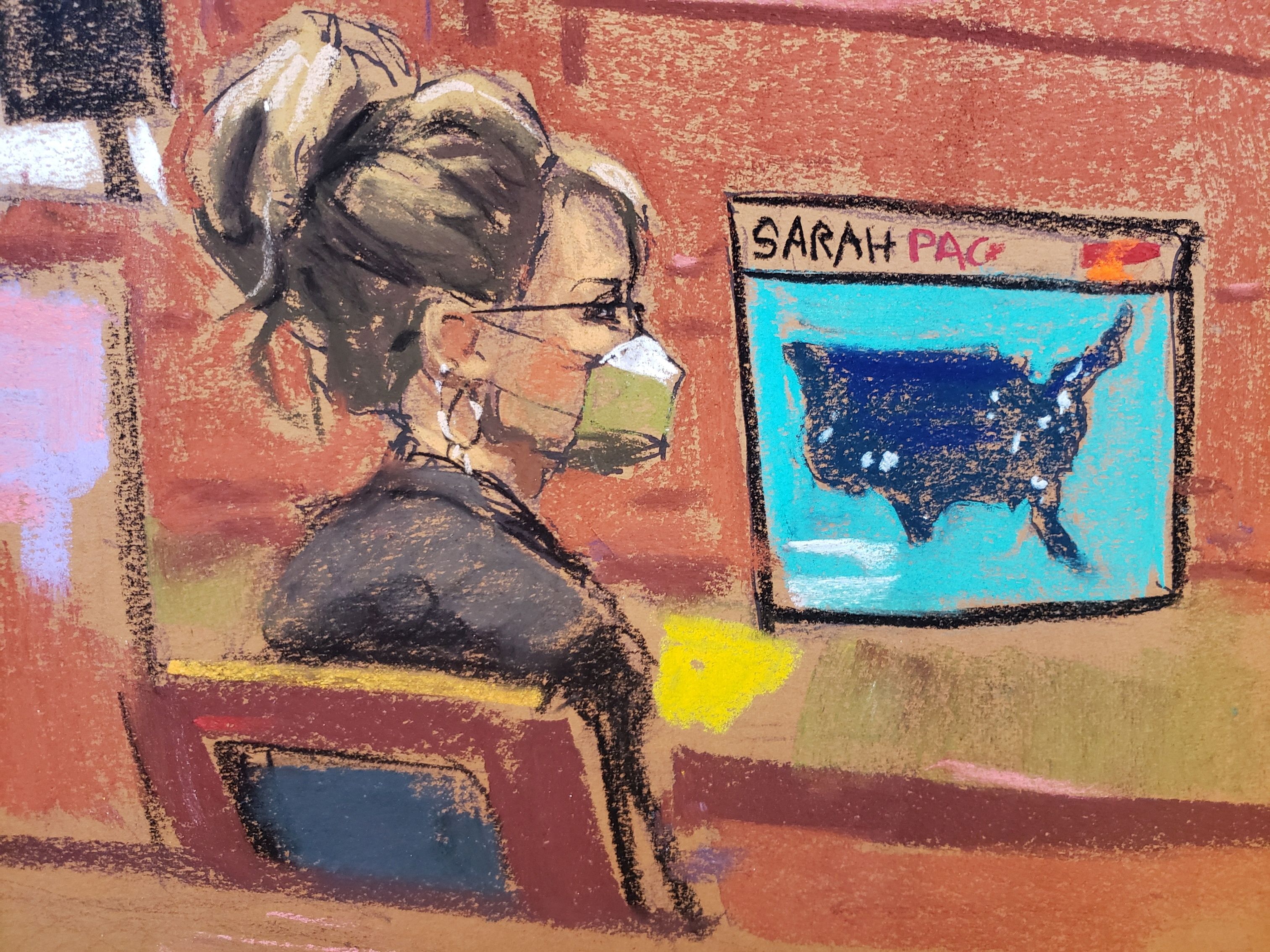 A courtroom sketch shows Sarah Palin in US District Court next to map from her political action committee at the centre of her defamation case against The New York Times