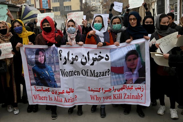 <p>File photo: Afghan women march as they chant slogans and hold banners during a women’s rights protest in Kabul on 16 January 2022</p>