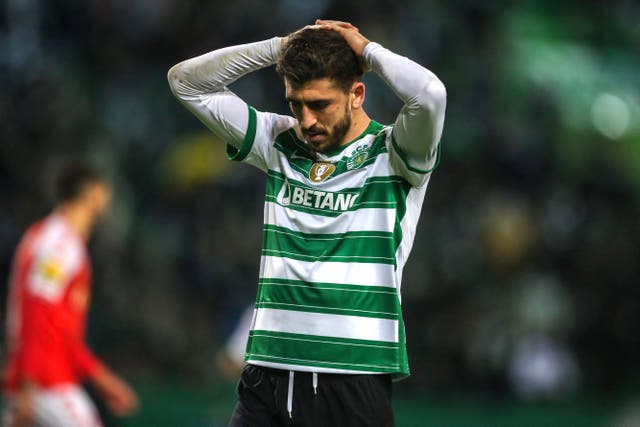 <p>Sporting’s Paulinho reacts during the defeat to Braga </p>