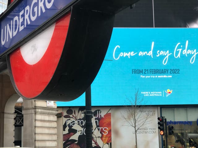 <p>G’day London: Tourism Australia advertisement at Piccadilly Circus in the centre of the capital</p>