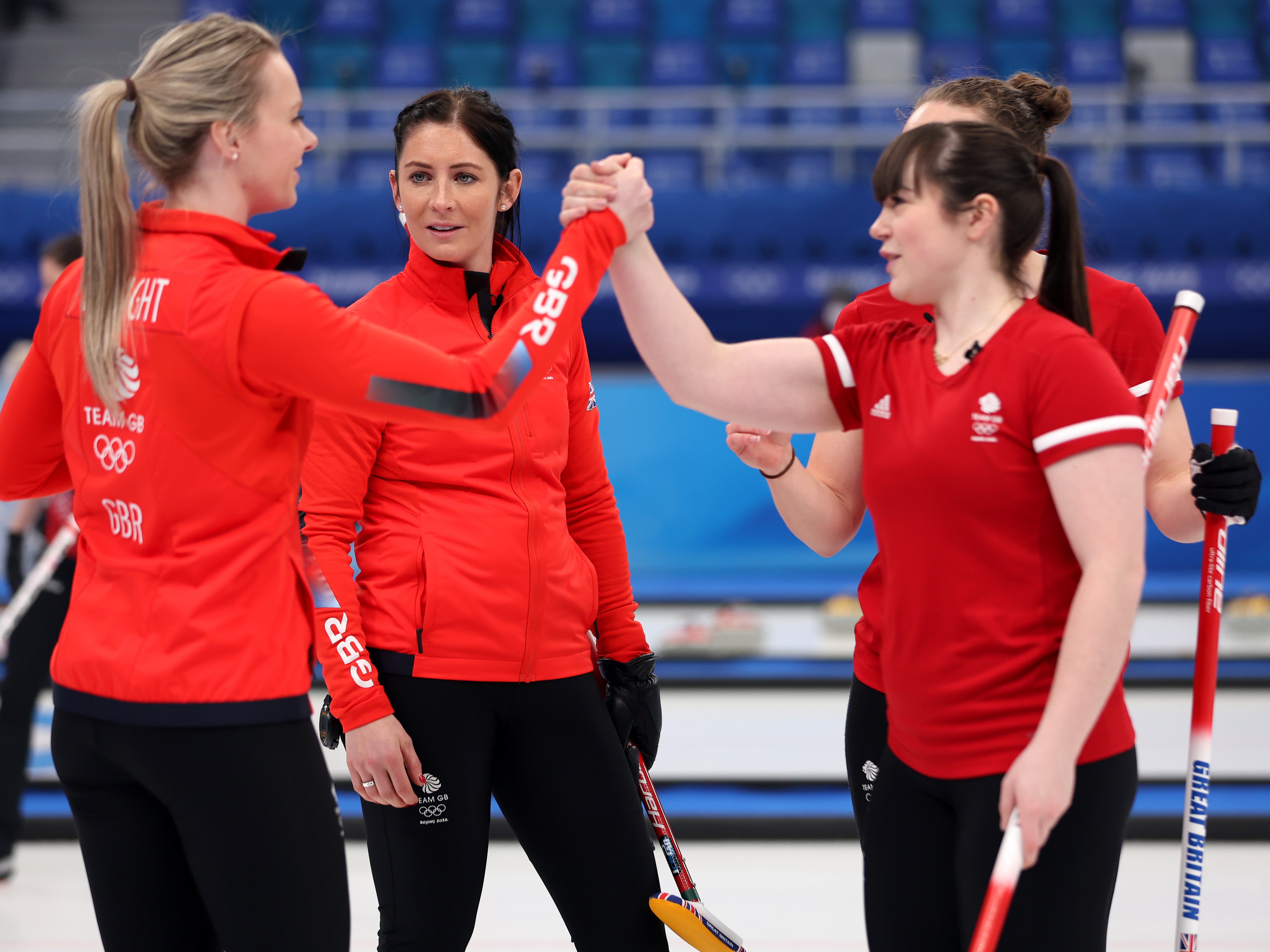 (L-R) Vicky Wright, Eve Muirhead, Hailey Duff and Jennifer Dodds of Team Great Britain celebrate their victory