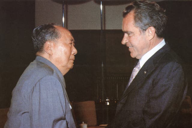<p>Chairman Mao (left) welcomes Richard Nixon to his house in Beijing in 1972 </p>