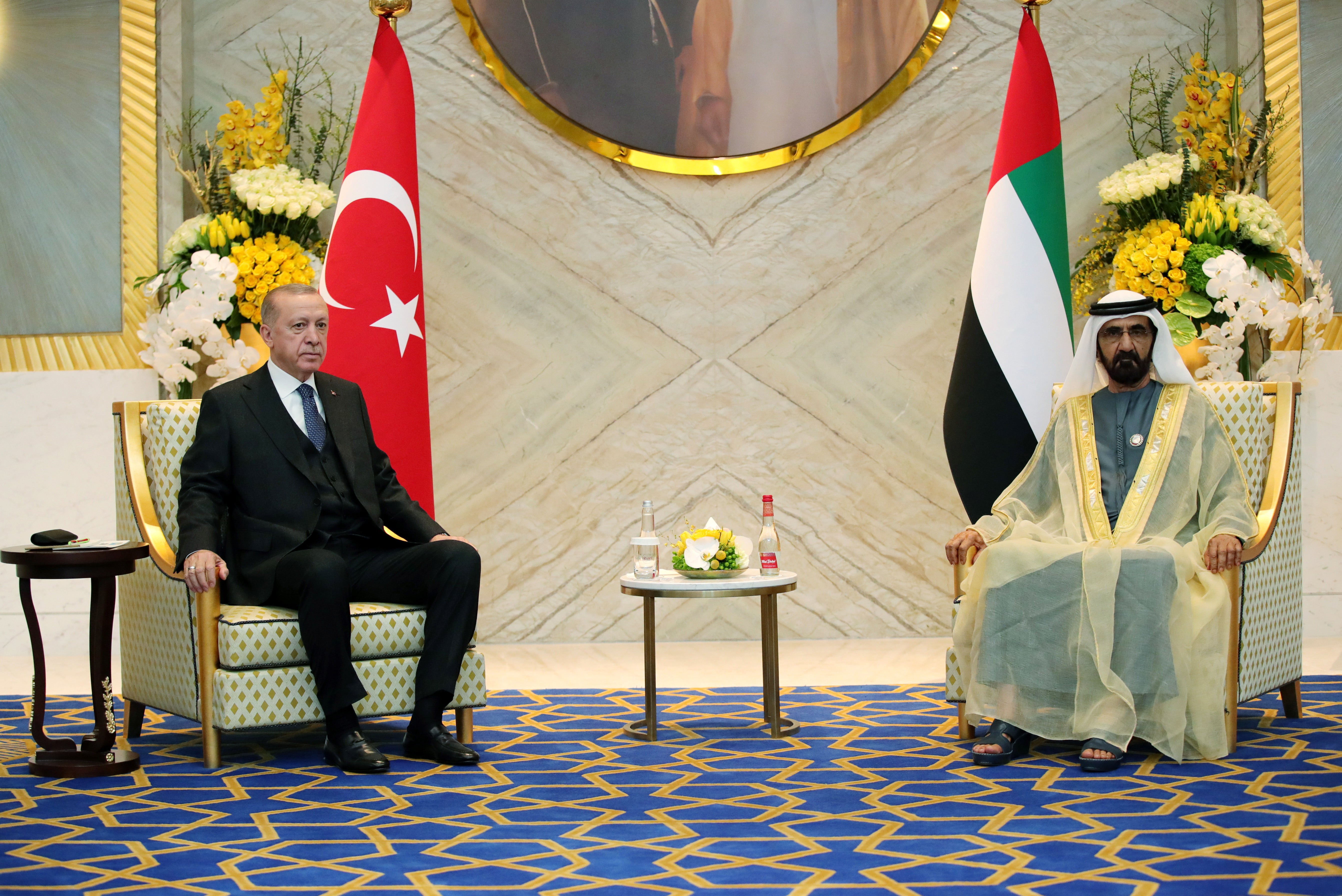 Ruler of Dubai and UAE Prime Minister Mohammed bin Rashid Al Maktoum (R) and Turkish President Recep Tayyip Erdogan (L) during their meeting in Dubai, United Arab Emirates, 15 February 2022