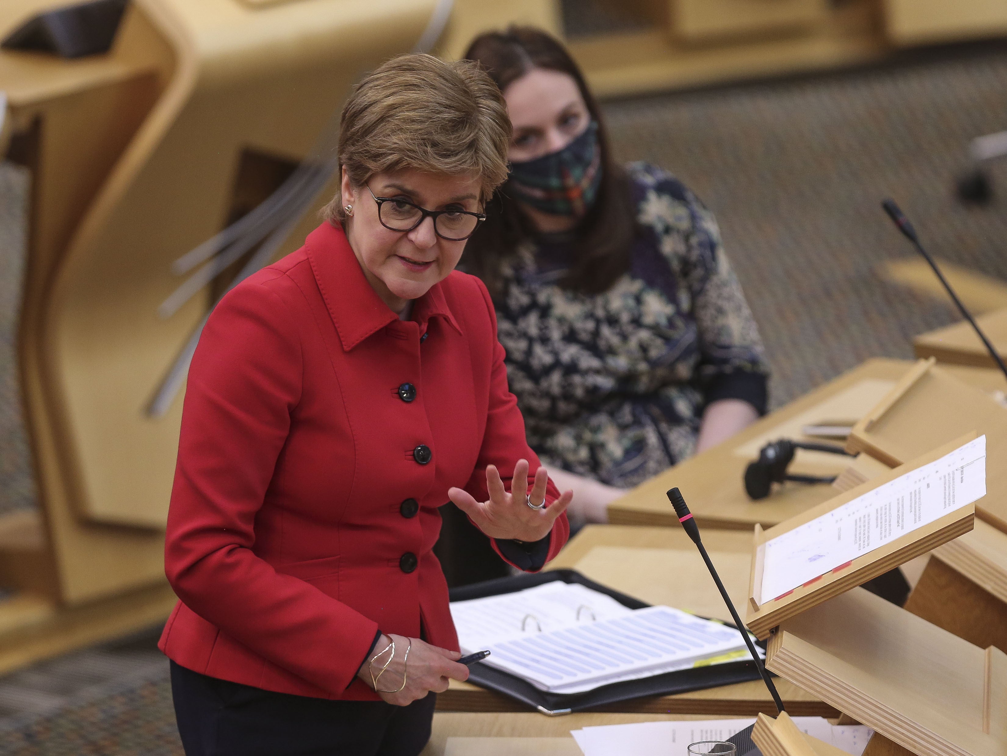 First Minister Nicola Sturgeon delivering a Covid-19 update at the Scottish Parliament in Edinburgh (Fraser Bremner/Daily Mail/PA)