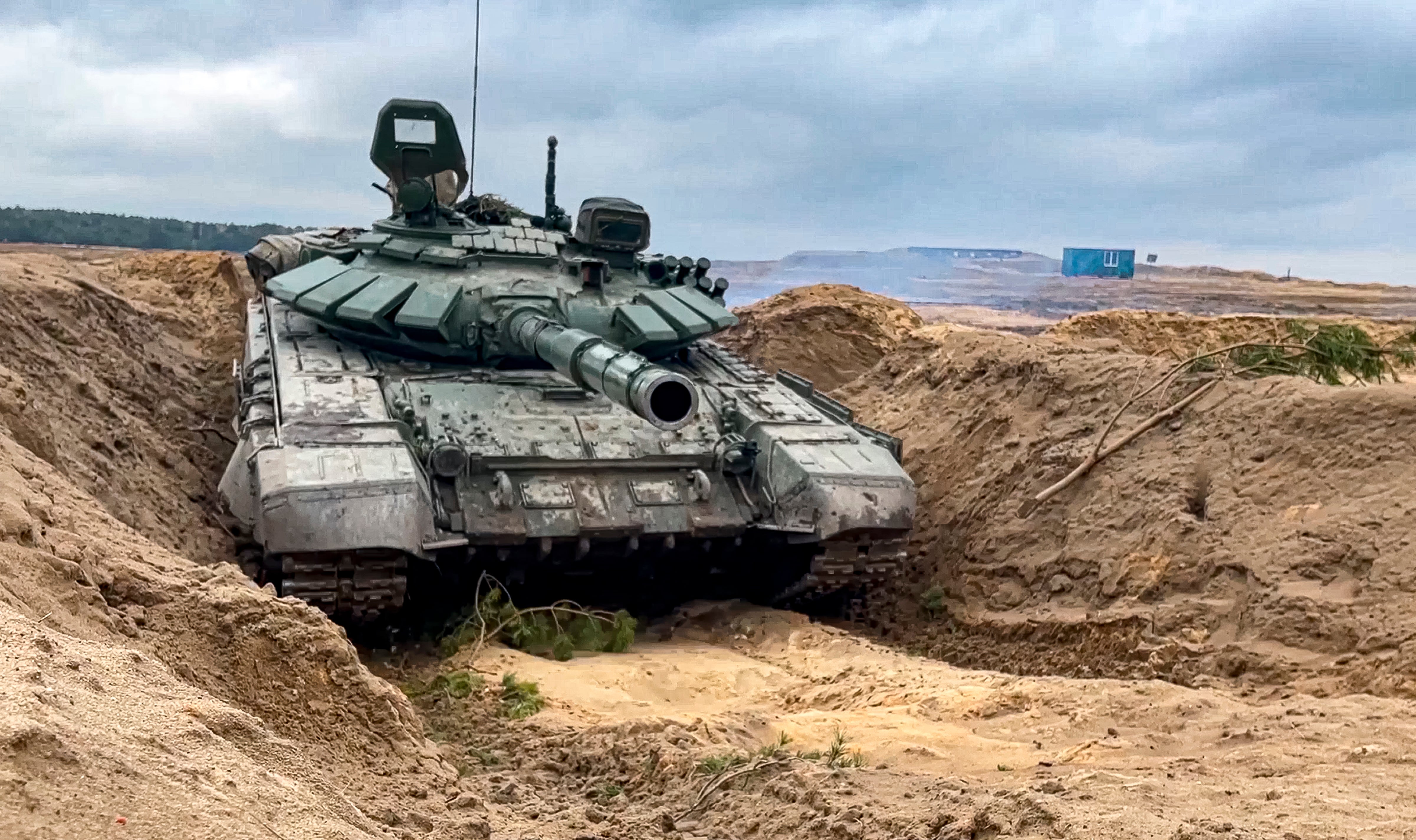 A tank at the training ground during the Union Courage-2022 Russia-Belarus military drills in Belarus (Russian Defence Ministry Press Service via AP)