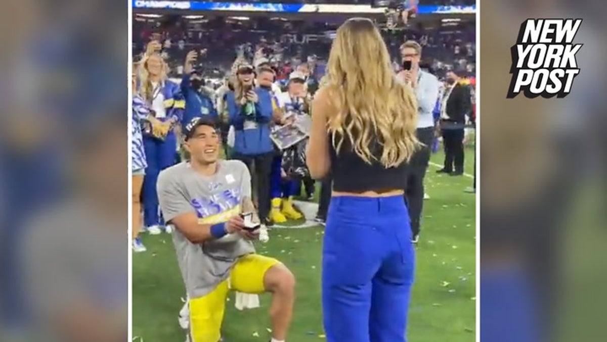 Los Angeles Rams player Taylor Rapp proposes after Super Bowl LVI