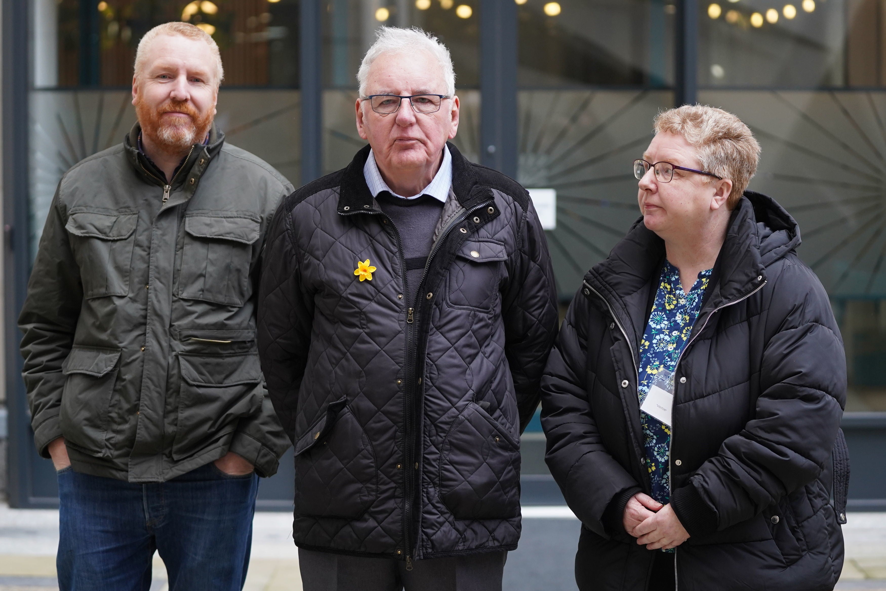 Noel Thomas (centre), who was wrongly jailed for theft, with son Edwin and daughter Sian, arrives at the International Dispute Resolution Centre in London for the Post Office Horizon IT inquiry.