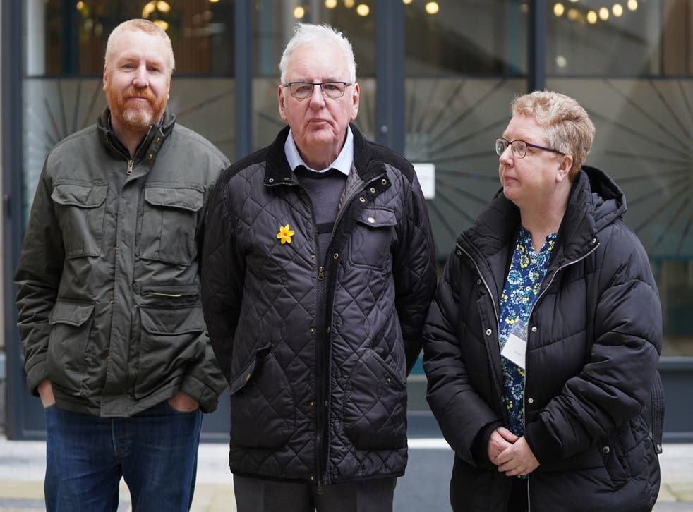 <p>Noel Thomas (centre), who was wrongly jailed for theft, with son Edwin and daughter Sian, arrives at the International Dispute Resolution Centre in London for the Post Office Horizon IT inquiry. </p>