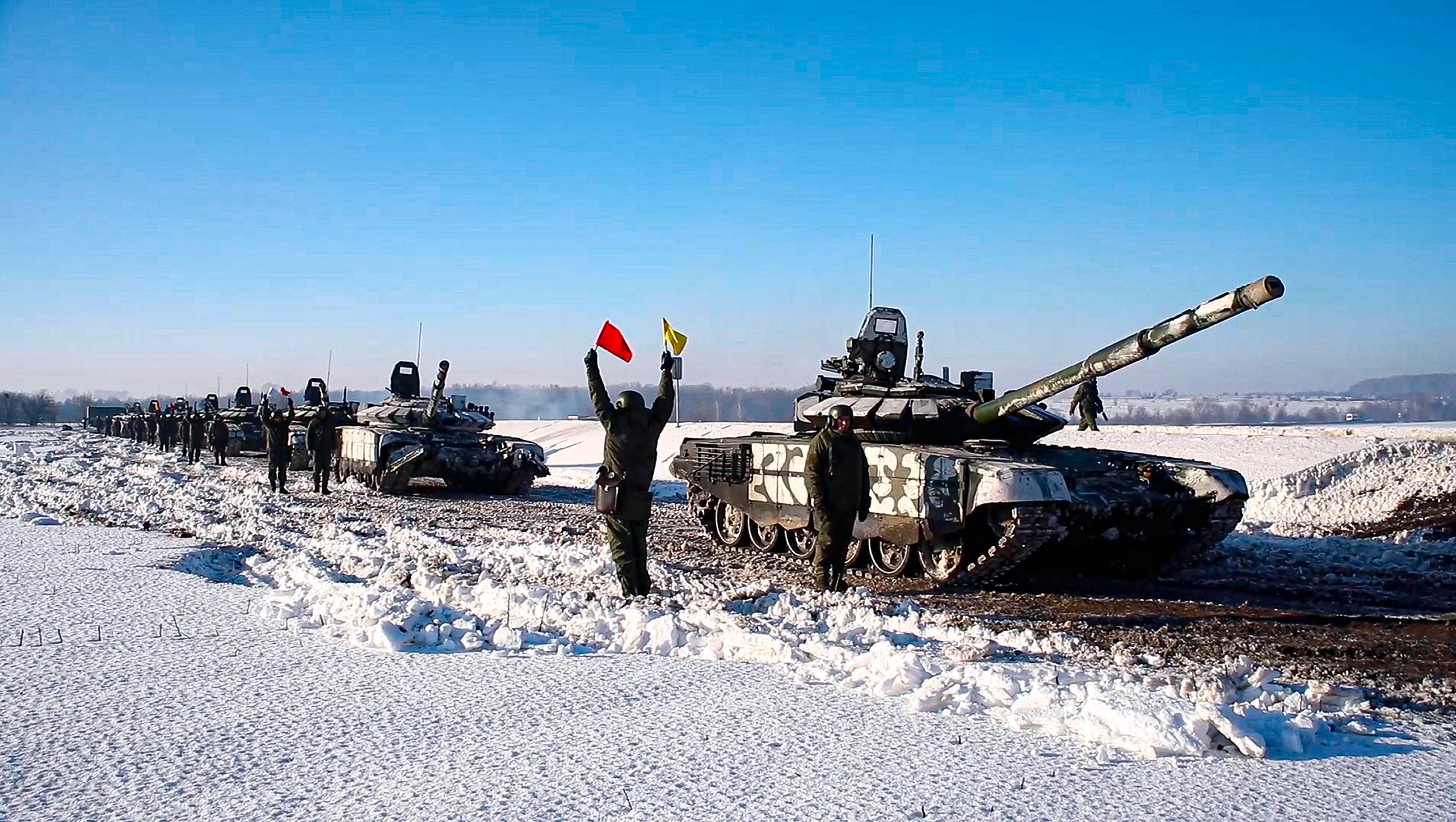 Russian army tanks (Russian Defense Ministry Press Service via AP)