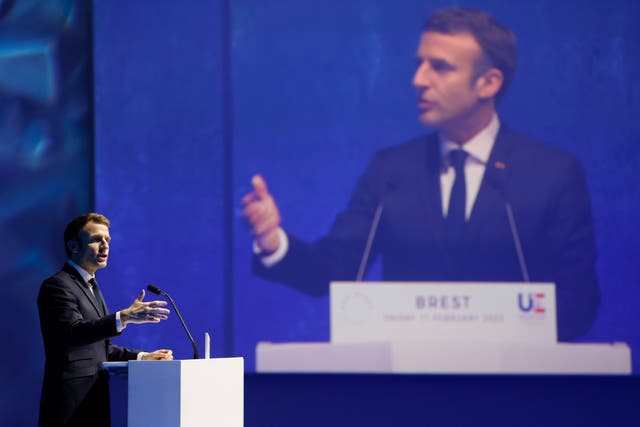 <p>France’s president Emmanuel Macron delivers a speech at the One Ocean Summit in Brest last week </p>