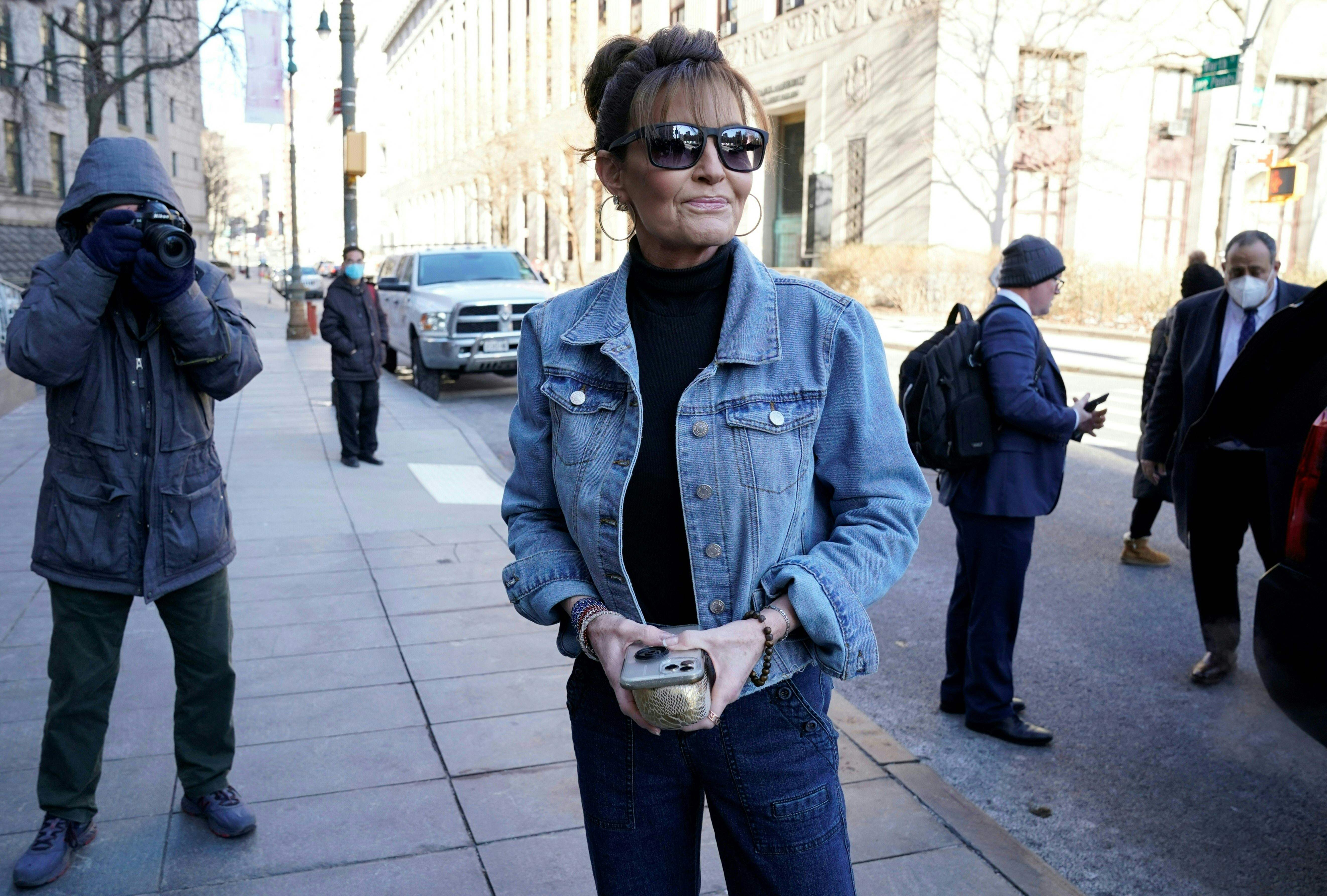 Sarah Palin arrives in US District Court in Manhattan on 15 February.