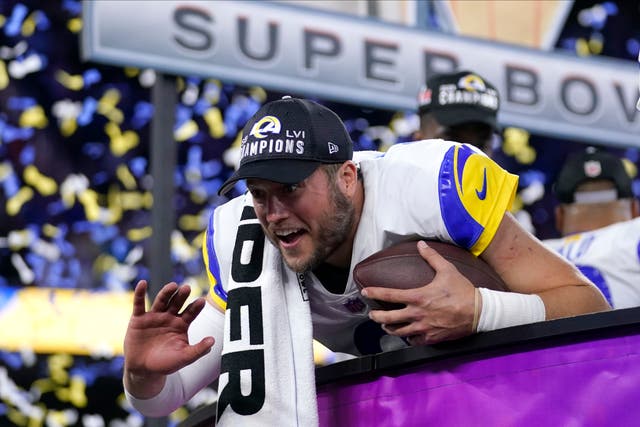 <p>Los Angeles Rams quarterback Matthew Stafford celebrates after they beat the Cincinnati Bengals in the NFL Super Bowl 56 </p>