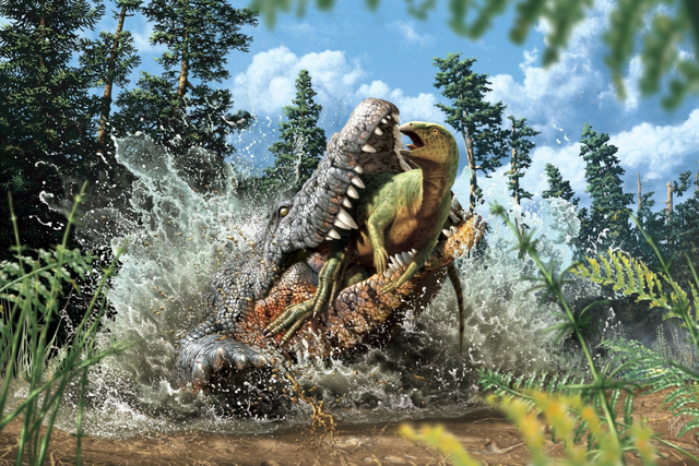 <p>Reconstruction shows last moments of juvenile ornithopod dinosaur in the jaws of a Cretaceous crocodilian</p>