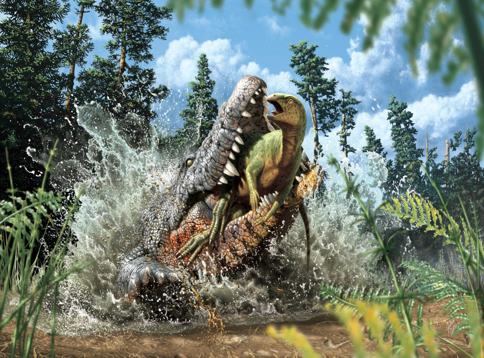 <p>Reconstruction shows last moments of juvenile ornithopod dinosaur in the jaws of a Cretaceous crocodilian</p>