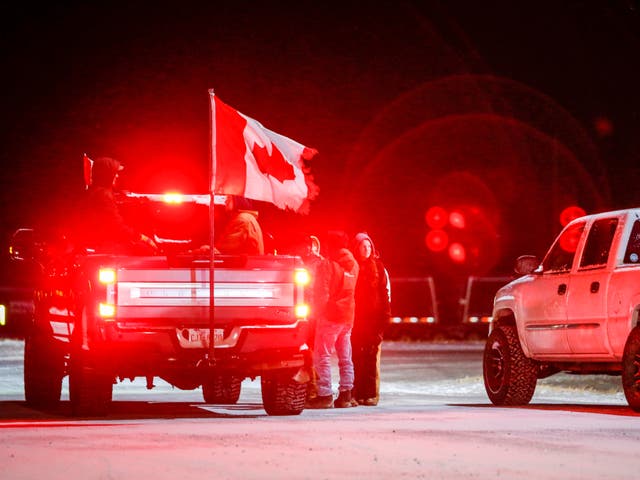 <p>The protest at Coutts, Alberta, on Tuesday</p>