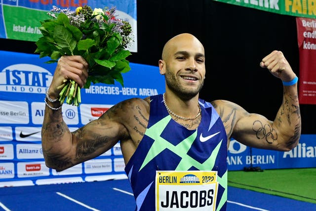 <p>Marcell Jacobs poses after winning the men’s 60m at the ISTAF indoor athletics meeting in Berlin</p>