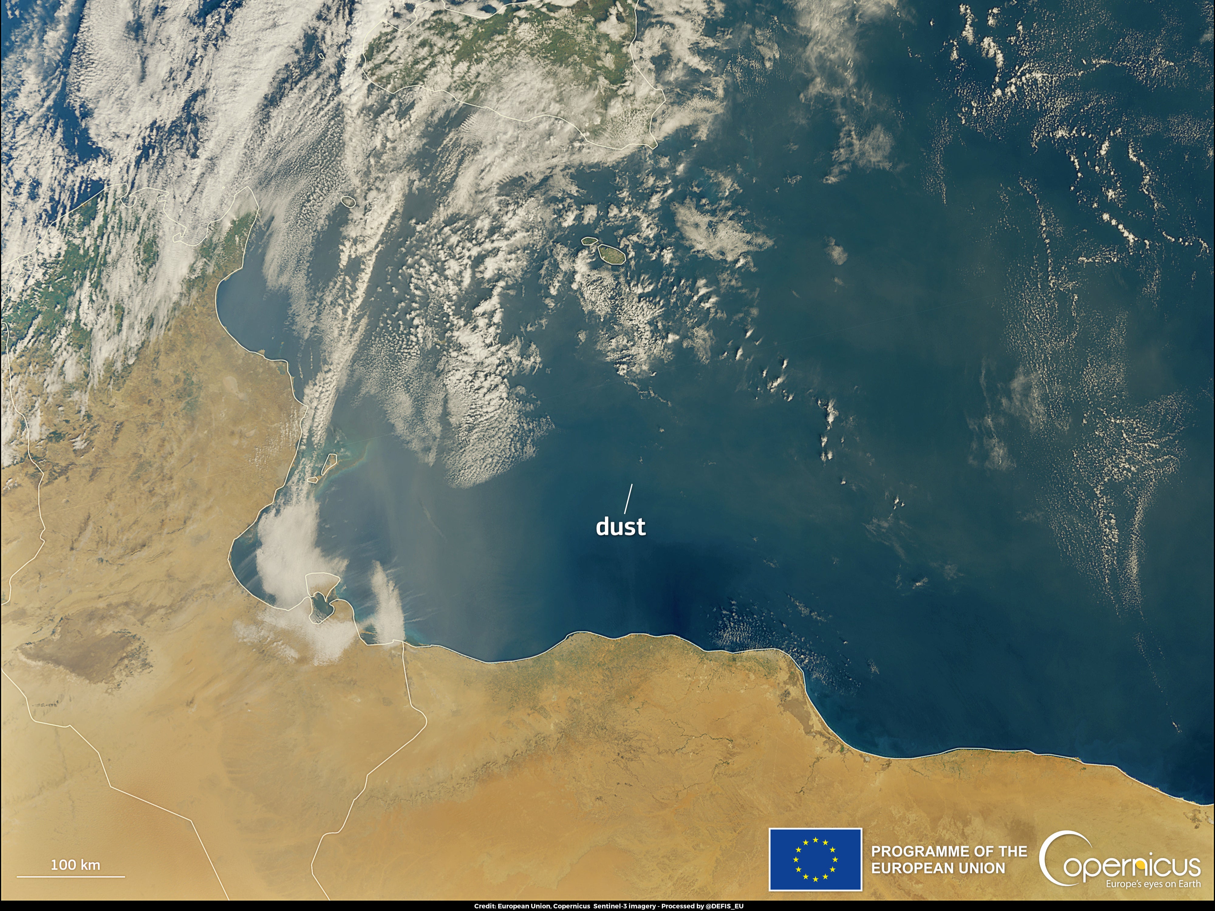 Image from Copernicus Sentinel-3 show sthe position of Saharan dust over the Mediterranean