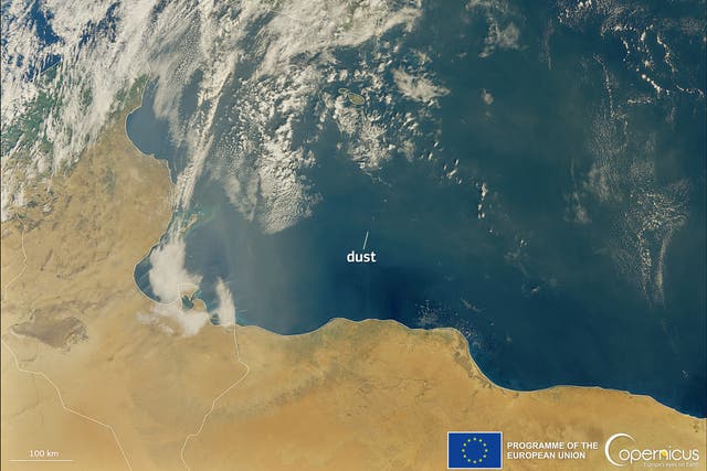 <p>Image from Copernicus Sentinel-3 show sthe position of Saharan dust over the Mediterranean</p>